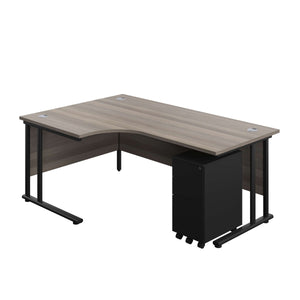 Twin Upright Left Hand Radial Desk + Slimline Steel Pedestal 3 Drawers (FSC) | 1800X1200 | Grey Oak/Black