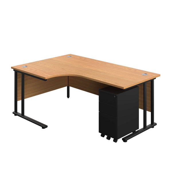 Twin Upright Left Hand Radial Desk + Slimline Steel Pedestal 3 Drawers (FSC) | 1800X1200 | Nova Oak/Black