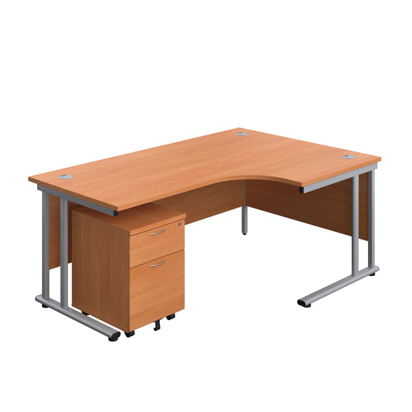 Twin Upright Right Hand Radial Desk + Mobile 2 Drawer Pedestal (FSC) | 1800X1200 | Beech/Silver