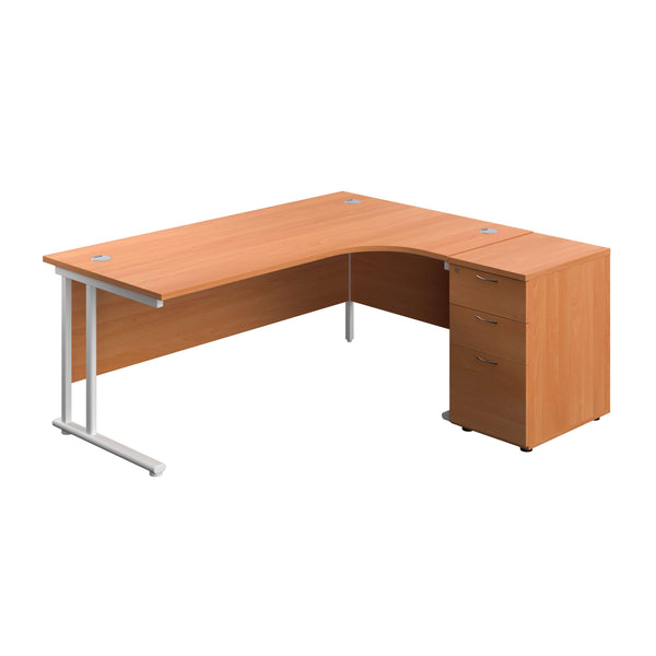 Twin Upright Right Hand Radial Desk + Desk High 3 Drawer Pedestal (FSC) | 1800X1200 | 600mm Deep Pedestal | Beech/White