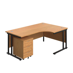 Twin Upright Right Hand Radial Desk + Mobile 3 Drawer Pedestal (FSC) | 1800X1200 | Nova Oak/Black