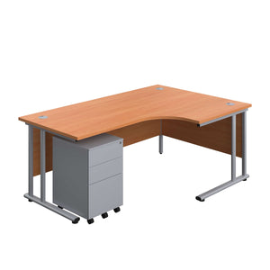 Twin Upright Right Hand Radial Desk + Under Desk Steel Pedestal 3 Drawers (FSC) | 1800X1200 | Beech/Silver