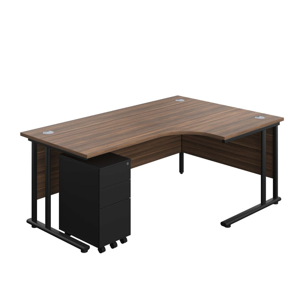 Twin Upright Right Hand Radial Desk + Slimline Steel Pedestal 3 Drawers (FSC) | 1800X1200 | Dark Walnut/Black