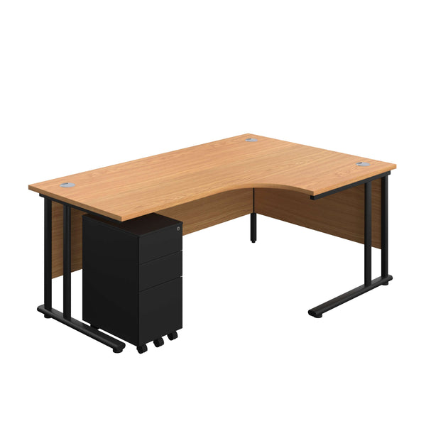 Twin Upright Right Hand Radial Desk + Slimline Steel Pedestal 3 Drawers (FSC) | 1800X1200 | Nova Oak/Black