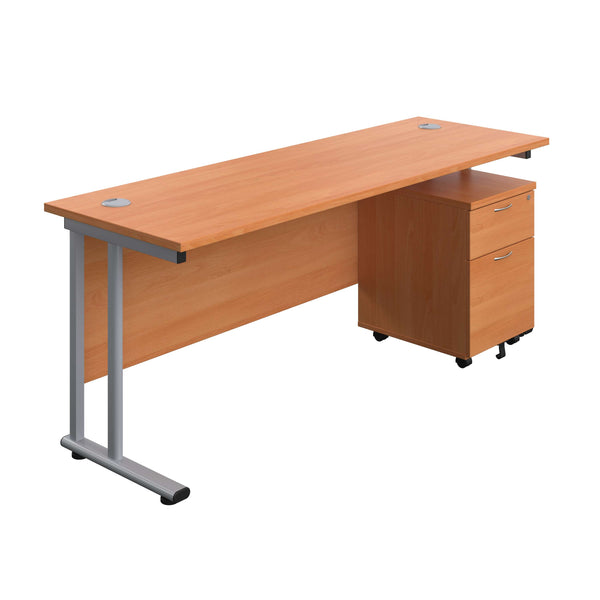 Twin Upright Rectangular Desk + Mobile 2 Drawer Pedestal (FSC) | 1800X600 | Beech/Silver