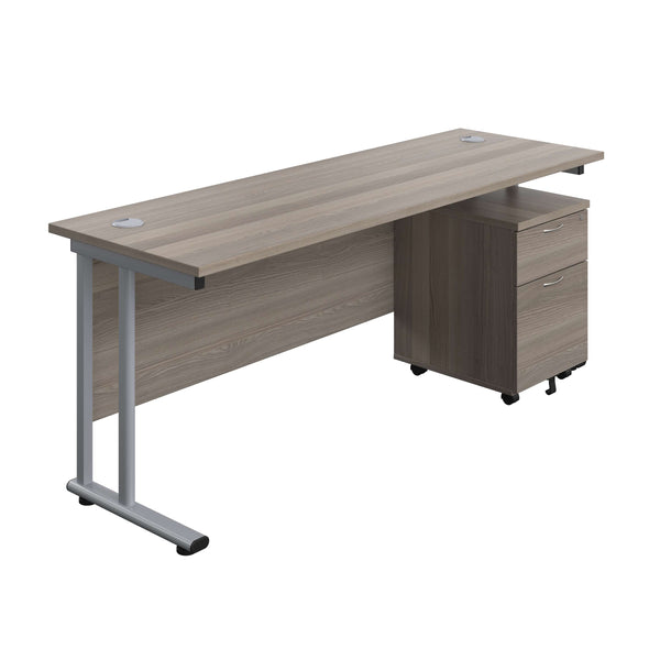 Twin Upright Rectangular Desk + Mobile 2 Drawer Pedestal (FSC) | 1800X600 | Grey Oak/Silver