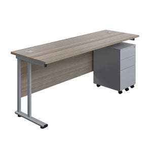 Twin Upright Rectangular Desk + Under Desk Steel Pedestal 3 Drawers (FSC) | 1800X600 | Grey Oak/Silver
