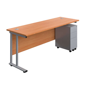 Twin Upright Rectangular Desk + Slimline Steel Pedestal 3 Drawers (FSC) | 1800X600 | Beech/Silver