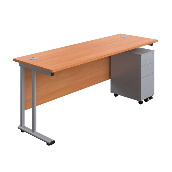 Twin Upright Rectangular Desk + Slimline Steel Pedestal 3 Drawers (FSC) | 1800X600 | Beech/Silver