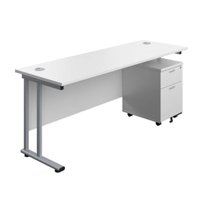 Twin Upright Rectangular Desk + Mobile 2 Drawer Pedestal (FSC) | 1800X600 | White/Silver