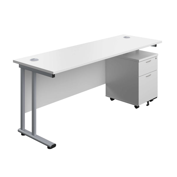 Twin Upright Rectangular Desk + Mobile 2 Drawer Pedestal (FSC) | 1800X600 | White/Silver