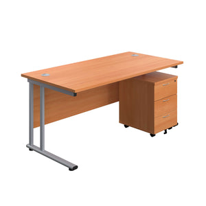 Twin Upright Rectangular Desk + Mobile 3 Drawer Pedestal (FSC) | 1800X800 | Beech/Silver