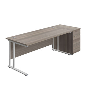 Twin Upright Rectangular Desk + Desk High 3 Drawer Pedestal (FSC) | 1800X800 | Grey Oak/White