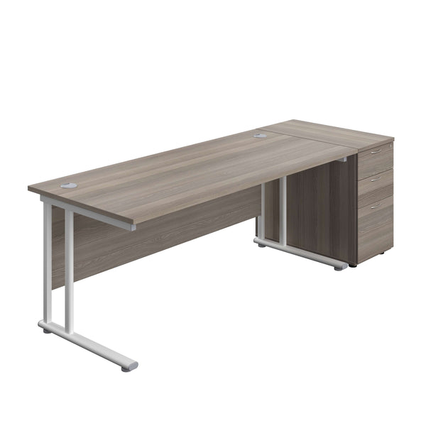 Twin Upright Rectangular Desk + Desk High 3 Drawer Pedestal (FSC) | 1800X800 | Grey Oak/White