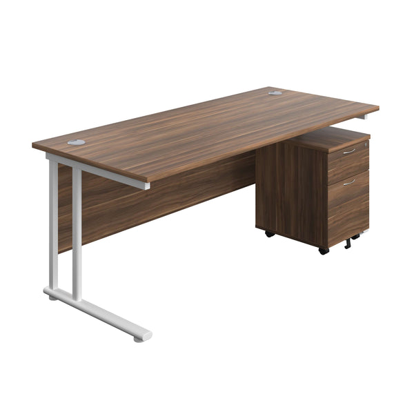 Twin Upright Rectangular Desk + Mobile 2 Drawer Pedestal (FSC) | 1800X800 | Dark Walnut/White