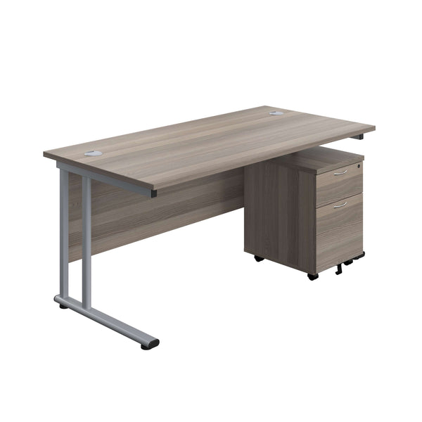 Twin Upright Rectangular Desk + Mobile 2 Drawer Pedestal (FSC) | 1800X800 | Grey Oak/Silver
