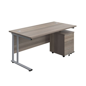 Twin Upright Rectangular Desk + Mobile 3 Drawer Pedestal (FSC) | 1800X800 | Grey Oak/Silver