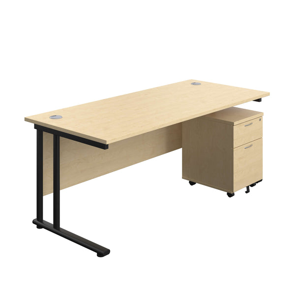 Twin Upright Rectangular Desk + Mobile 2 Drawer Pedestal (FSC) | 1800X800 | Maple/Black