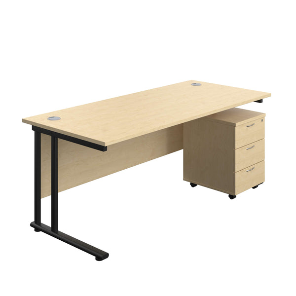 Twin Upright Rectangular Desk + Mobile 3 Drawer Pedestal (FSC) | 1800X800 | Maple/Black