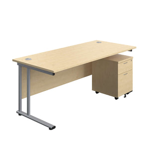 Twin Upright Rectangular Desk + Mobile 2 Drawer Pedestal (FSC) | 1800X800 | Maple/Silver
