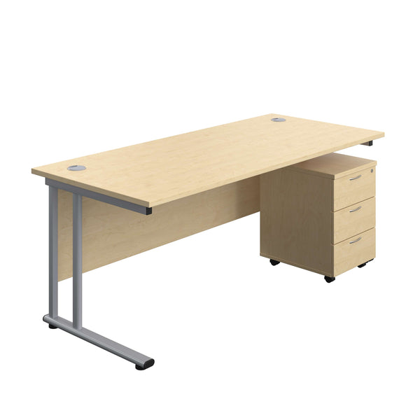 Twin Upright Rectangular Desk + Mobile 3 Drawer Pedestal (FSC) | 1800X800 | Maple/Silver