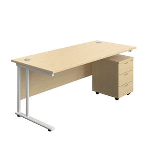 Twin Upright Rectangular Desk + Mobile 3 Drawer Pedestal (FSC) | 1800X800 | Maple/White