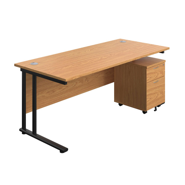 Twin Upright Rectangular Desk + Mobile 2 Drawer Pedestal (FSC) | 1800X800 | Nova Oak/Black
