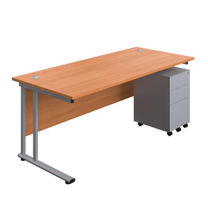 Twin Upright Rectangular Desk + Under Desk Steel Pedestal 3 Drawers (FSC) | 1800X800 | Beech/Silver