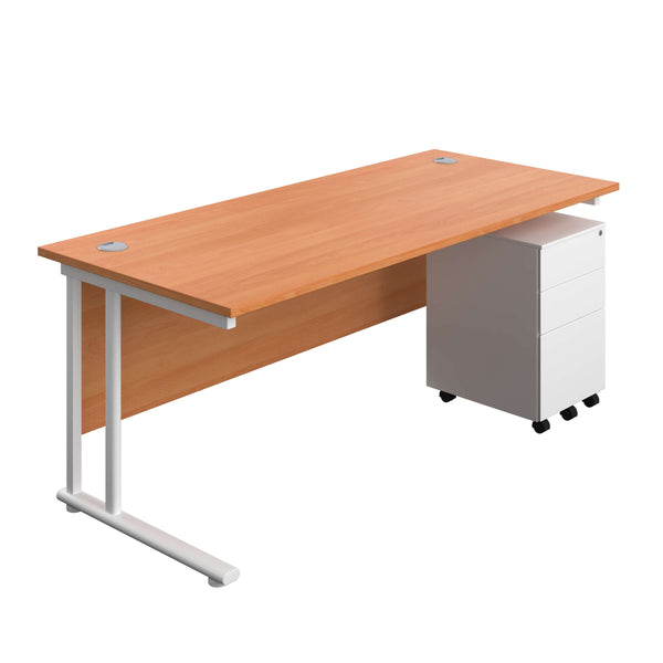 Twin Upright Rectangular Desk + Under Desk Steel Pedestal 3 Drawers (FSC) | 1800X800 | Beech/White
