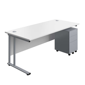 Twin Upright Rectangular Desk + Under Desk Steel Pedestal 3 Drawers (FSC) | 1800X800 | White/Silver