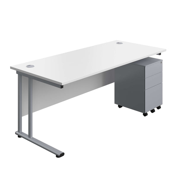Twin Upright Rectangular Desk + Under Desk Steel Pedestal 3 Drawers (FSC) | 1800X800 | White/Silver