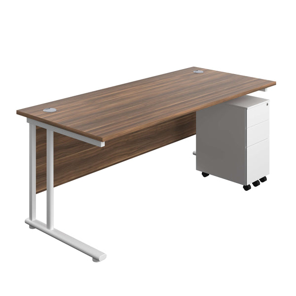 Twin Upright Rectangular Desk + Slimline Steel Pedestal 3 Drawers (FSC) | 1800X800 | Dark Walnut/White