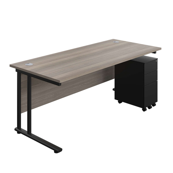 Twin Upright Rectangular Desk + Slimline Steel Pedestal 3 Drawers (FSC) | 1800X800 | Grey Oak/Black