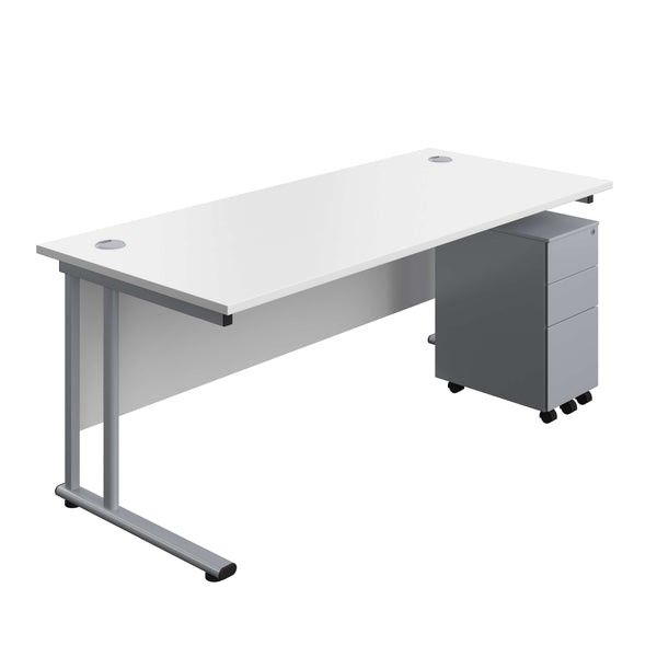 Twin Upright Rectangular Desk + Slimline Steel Pedestal 3 Drawers (FSC) | 1800X800 | White/Silver