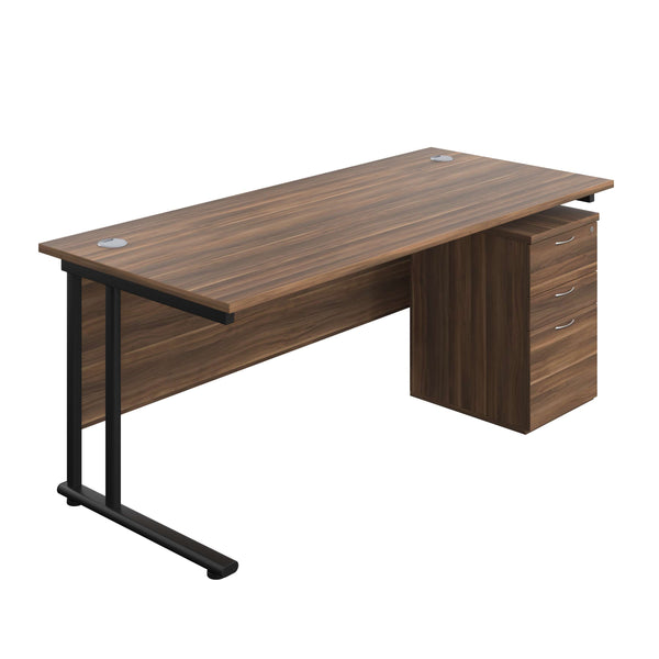 Twin Upright Rectangular Desk + High Mobile Pedestal 3 Drawer (FSC) | 1800X800 | Dark Walnut/Black
