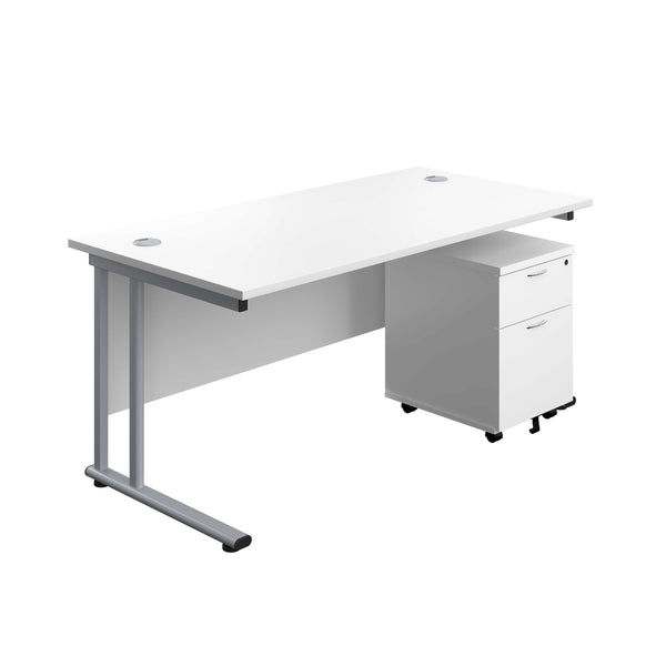 Twin Upright Rectangular Desk + Mobile 2 Drawer Pedestal (FSC) | 1800X800 | White/Silver