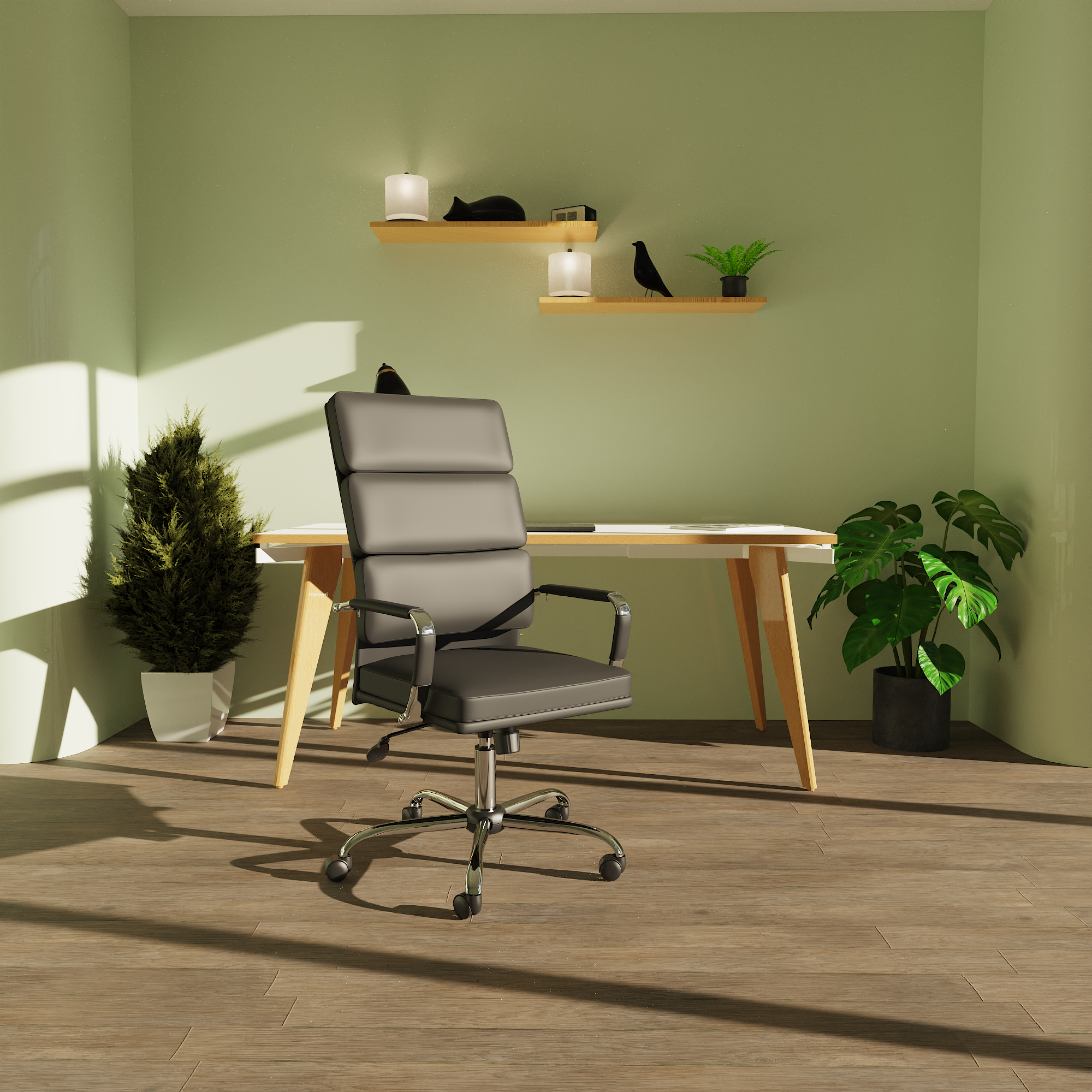 Modern office setup with a gray chair, wooden desk, and plants in a room with green walls.