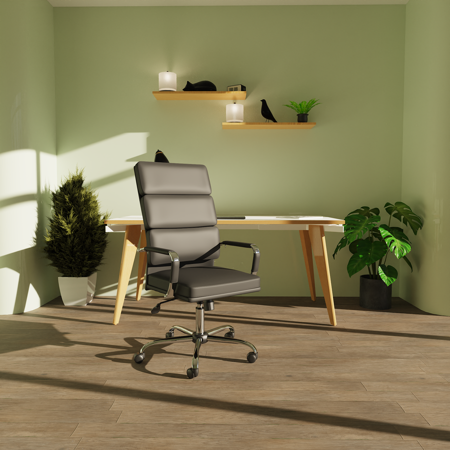 Modern office setup with a gray chair, wooden desk, and plants in a room with green walls.